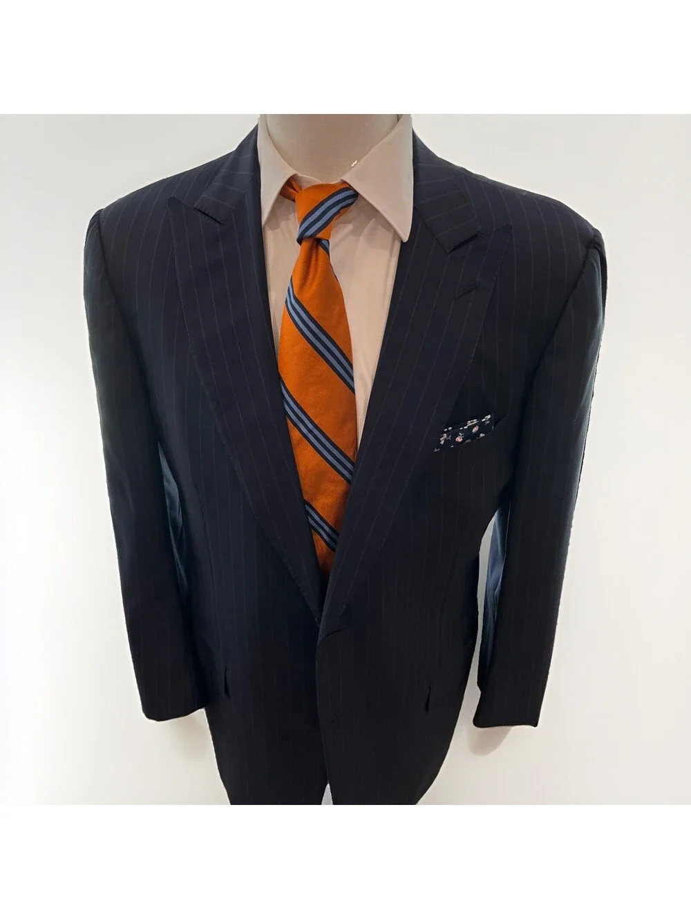 ERMENEGILDO ZEGNA MENS SUIT JACKET BLAZER 44R BLUE WITH PINSTRIPES WOOL SILK